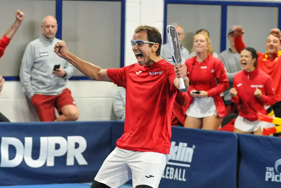 Spain players celebrate their win in front of their fans at theEuropean Pickleball Championships 2024