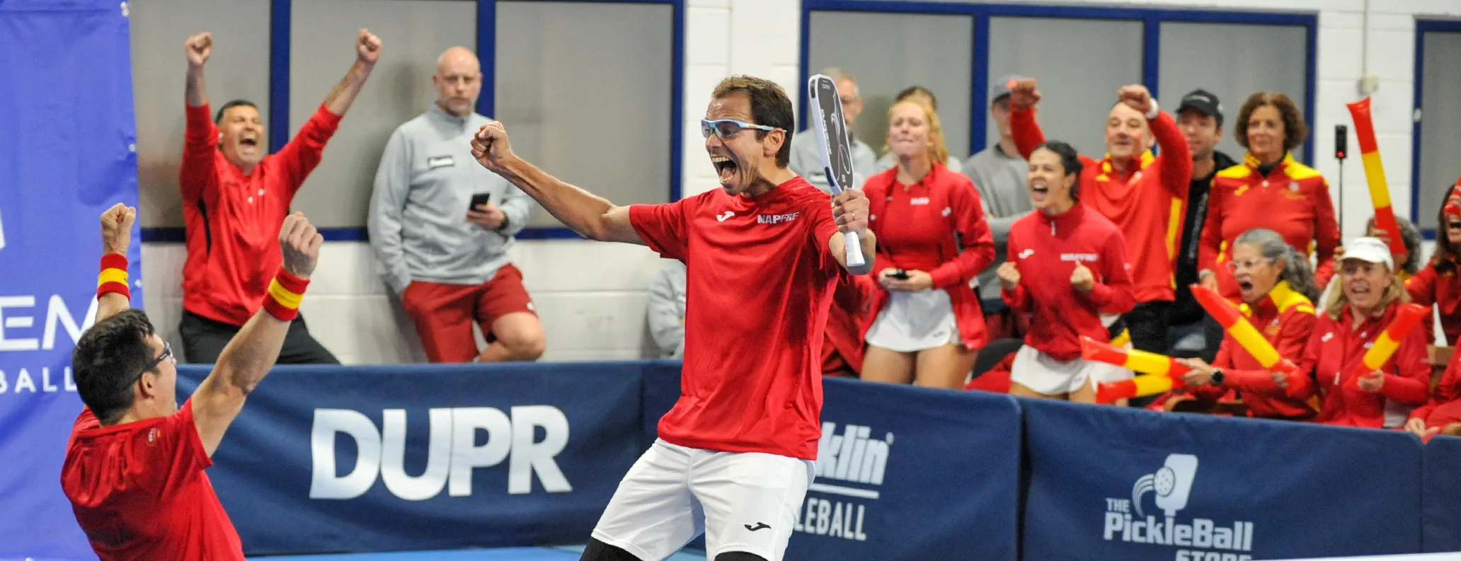 Spain players celebrate their win in front of their fans at theEuropean Pickleball Championships 2024